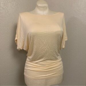 NEW thanth Relaxed Ruched Short Sleeve Blouse Dolman Drape Top Pale Yellow Shirt